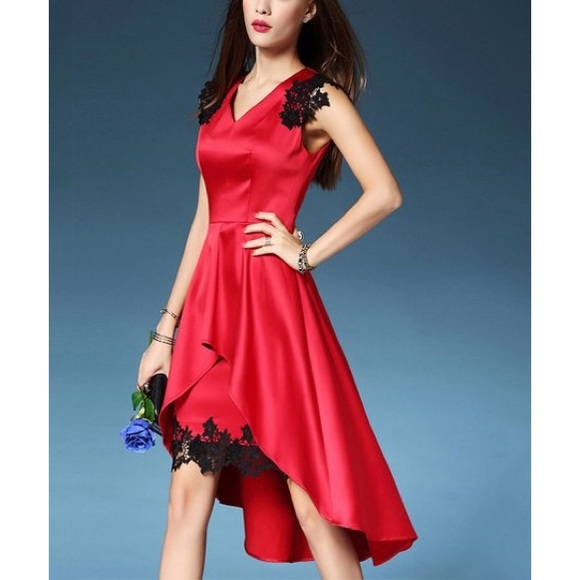 NWT red & black Hi-Low Fit/Flare Dress, Sz. M/L - Picture 2 of 4